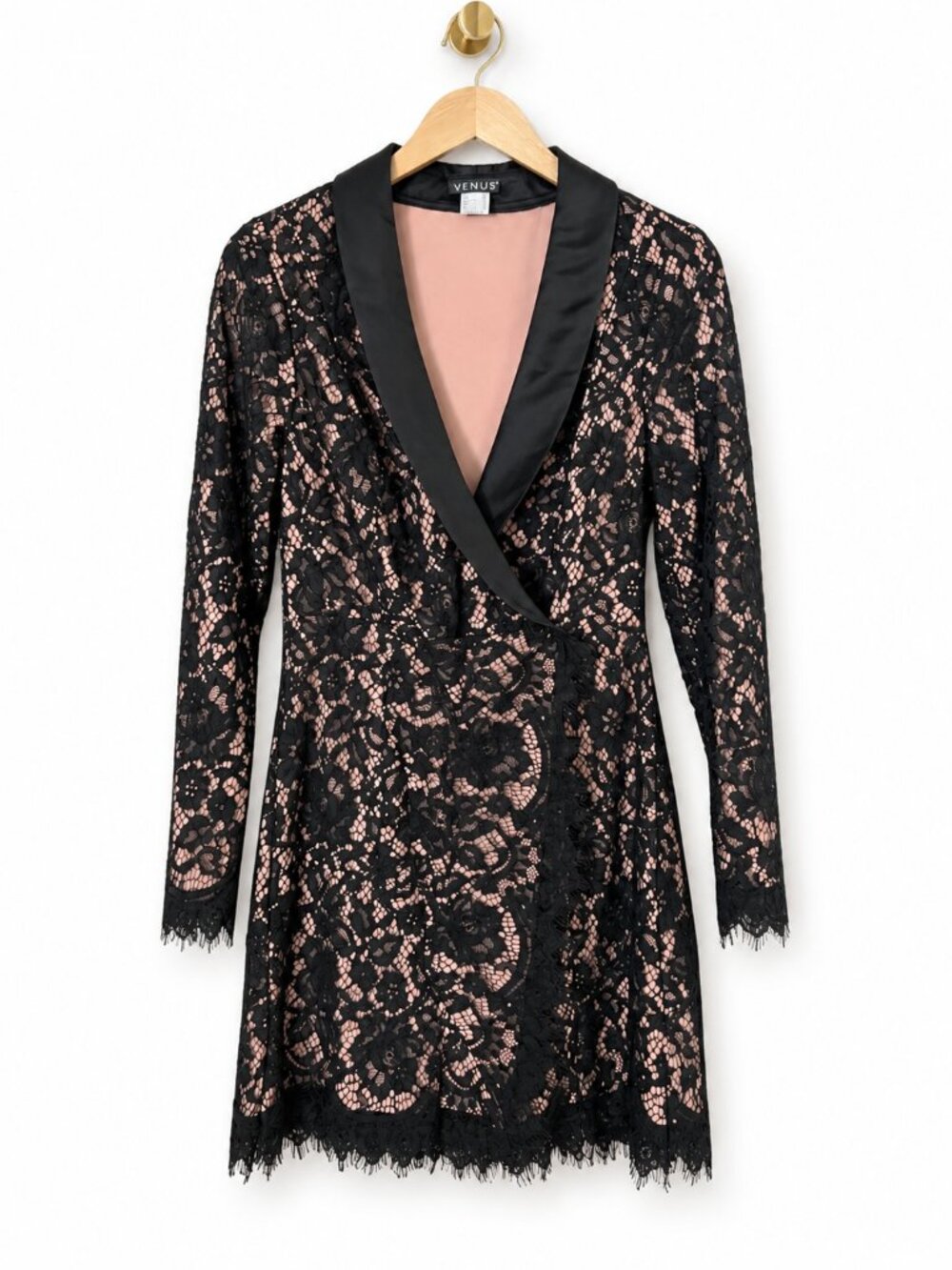 VENUS Black Lace Faux Wrap Mini Dress Size 6 Long Sleeve Cocktail Wedding